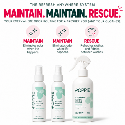 Refresh Anywhere bundle showing two All-Day Refresh Sprays for home and on-the-go freshness plus Everyday Fabric Rescue for refreshing clothes between washes.