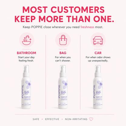 Most customers keep more than one POPPIE All-Day Refresh Spray: in the bathroom to start the day fresh, in a bag when a shower isn't possible, and in the car for unexpected odor.