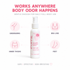 POPPIE All-Day Refresh Spray works anywhere body odor happens, including underarms, bra line, inner thighs, and feet. Gentle enough for daily full-body use.