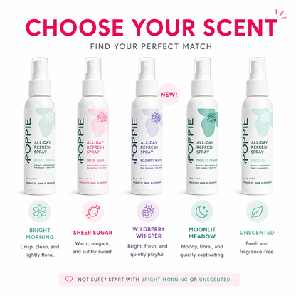 POPPIE All-Day Refresh Spray scent guide: Bright Morning is crisp, clean, and lightly floral; Sheer Sugar is warm, elegant, and subtly sweet; Wildberry Whisper is bright, fresh, and quietly playful; Moonlit Meadow is moody, floral, and quietly captivating; Unscented is fresh and fragrance-free.