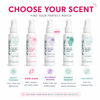 POPPIE All-Day Refresh Spray scent guide: Bright Morning is crisp, clean, and lightly floral; Sheer Sugar is warm, elegant, and subtly sweet; Wildberry Whisper is bright, fresh, and quietly playful; Moonlit Meadow is moody, floral, and quietly captivating; Unscented is fresh and fragrance-free.