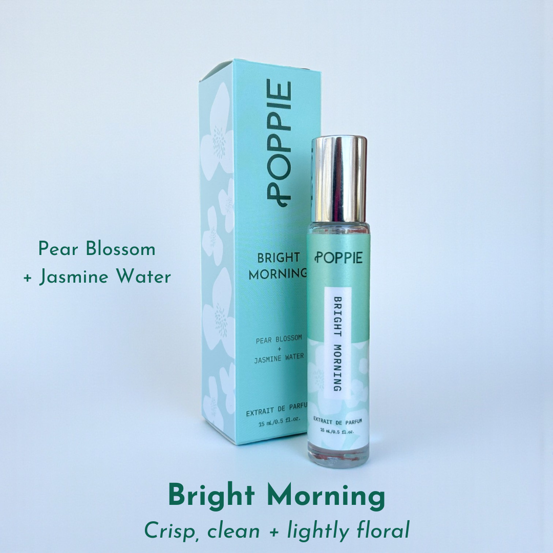 POPPIE Bright Morning extrait de parfum with pear blossom and jasmine water. Crisp, clean, and lightly floral.
