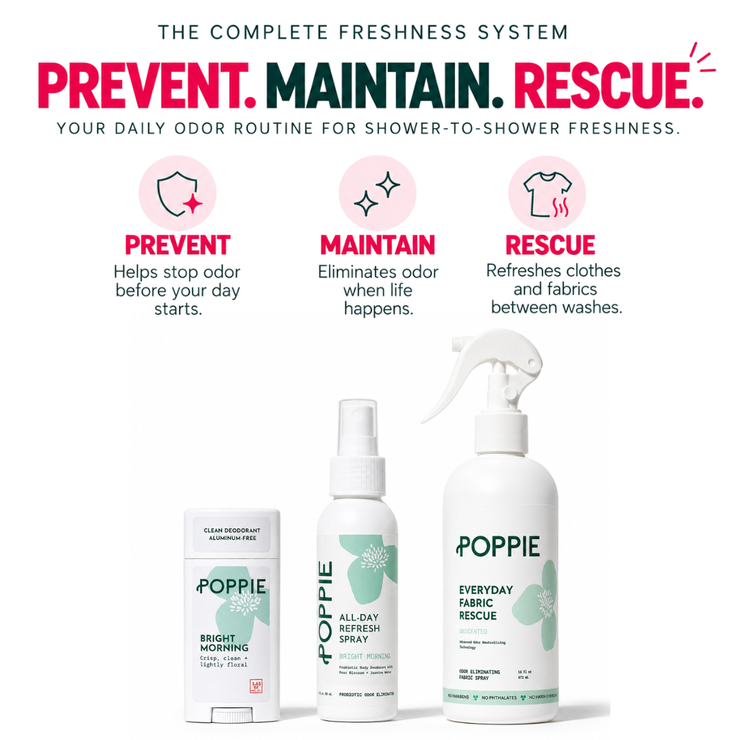 Poppie Complete Freshness System featuring Daily Defense Deodorant, All-Day Refresh Spray, and Everyday Fabric Rescue in a three-step Prevent, Maintain, Rescue odor-care routine.