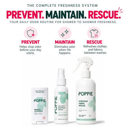 Poppie Complete Freshness System featuring Daily Defense Deodorant, All-Day Refresh Spray, and Everyday Fabric Rescue in a three-step Prevent, Maintain, Rescue odor-care routine.