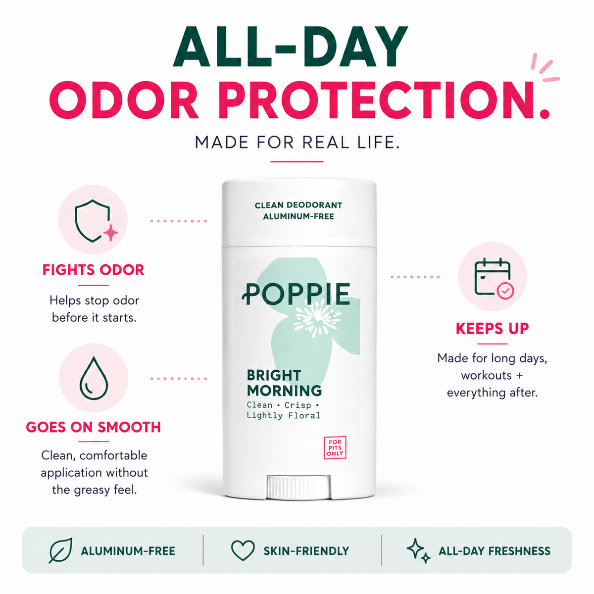 POPPIE Daily Defense Deodorant provides aluminum-free, all-day odor protection with a smooth, skin-friendly application made for long days and workouts.