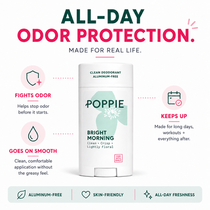 POPPIE Daily Defense Deodorant provides aluminum-free, all-day odor protection with a smooth, skin-friendly application made for long days and workouts.