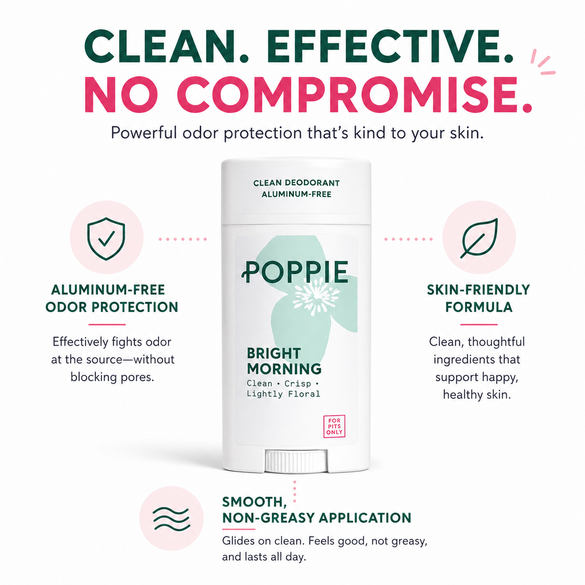 POPPIE Daily Defense Deodorant with aluminum-free odor protection, skin-friendly formula, and smooth non-greasy application.