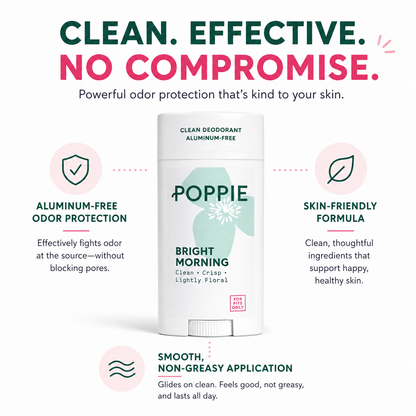 POPPIE Daily Defense Deodorant with aluminum-free odor protection, skin-friendly formula, and smooth non-greasy application.