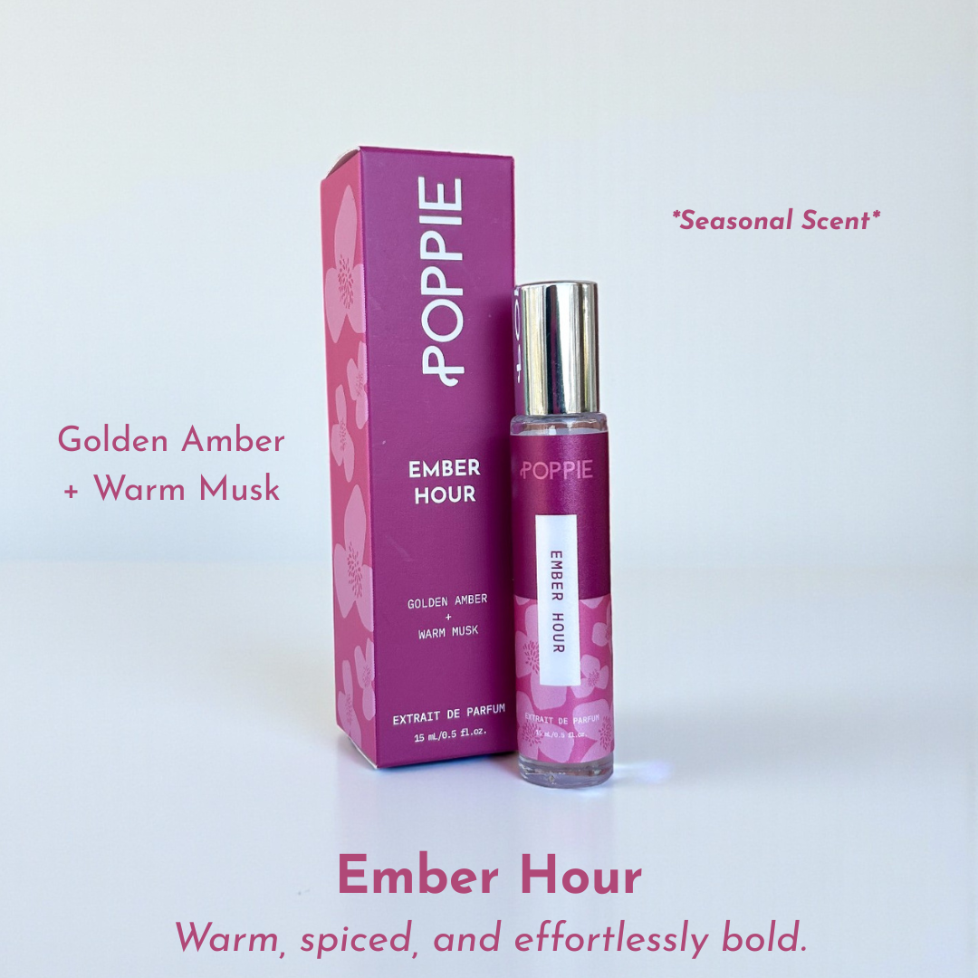 POPPIE Ember Hour seasonal extrait de parfum with golden amber and warm musk. Warm, spiced, and effortlessly bold.