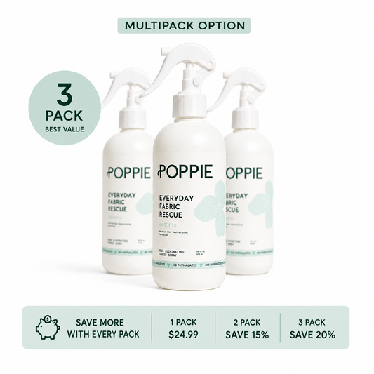 POPPIE Everyday Fabric Rescue multipack options: 1 pack $24.99, 2 pack saves 15%, and 3 pack saves 20% and is the best value.