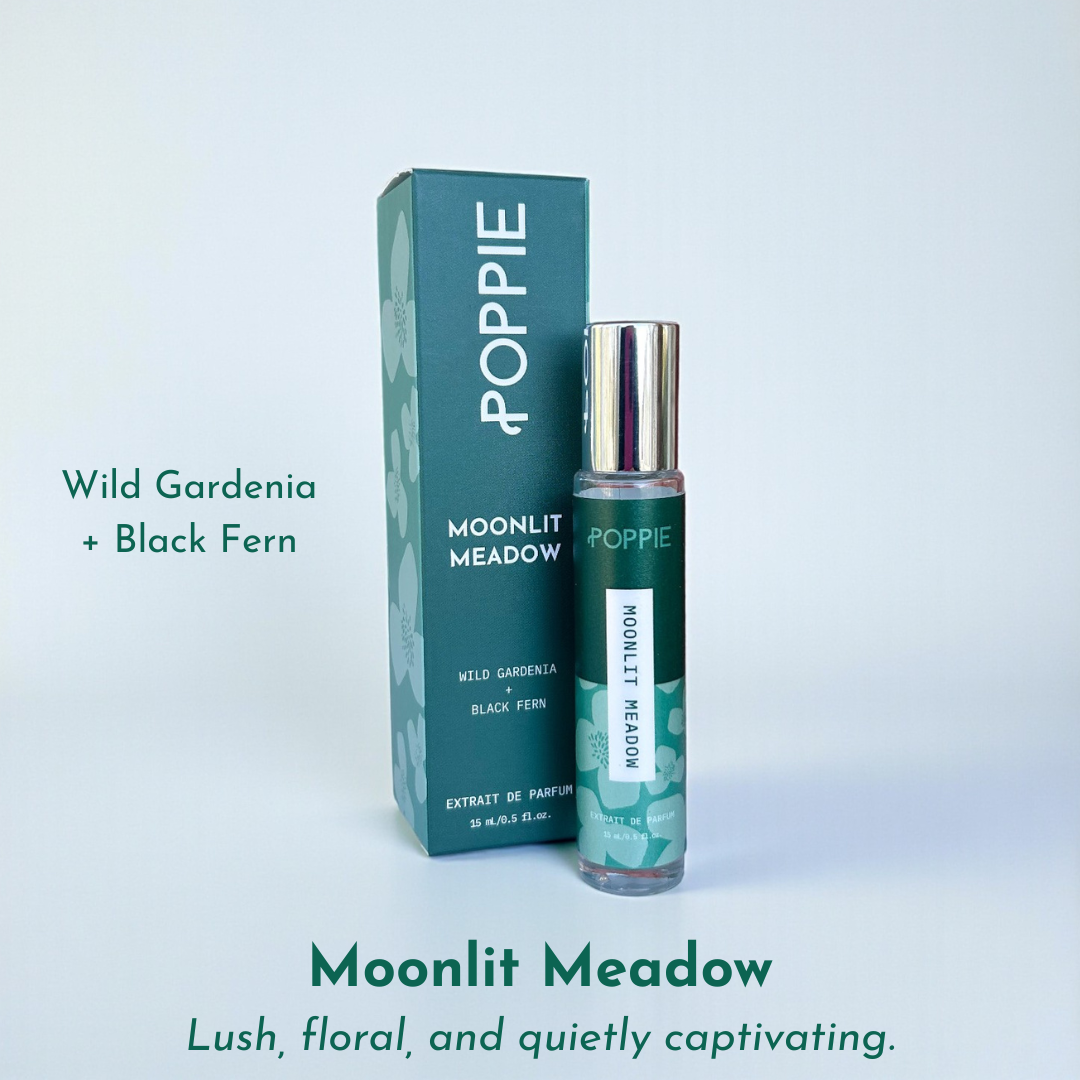 POPPIE Moonlit Meadow extrait de parfum with wild gardenia and black fern. Lush, floral, and quietly captivating.