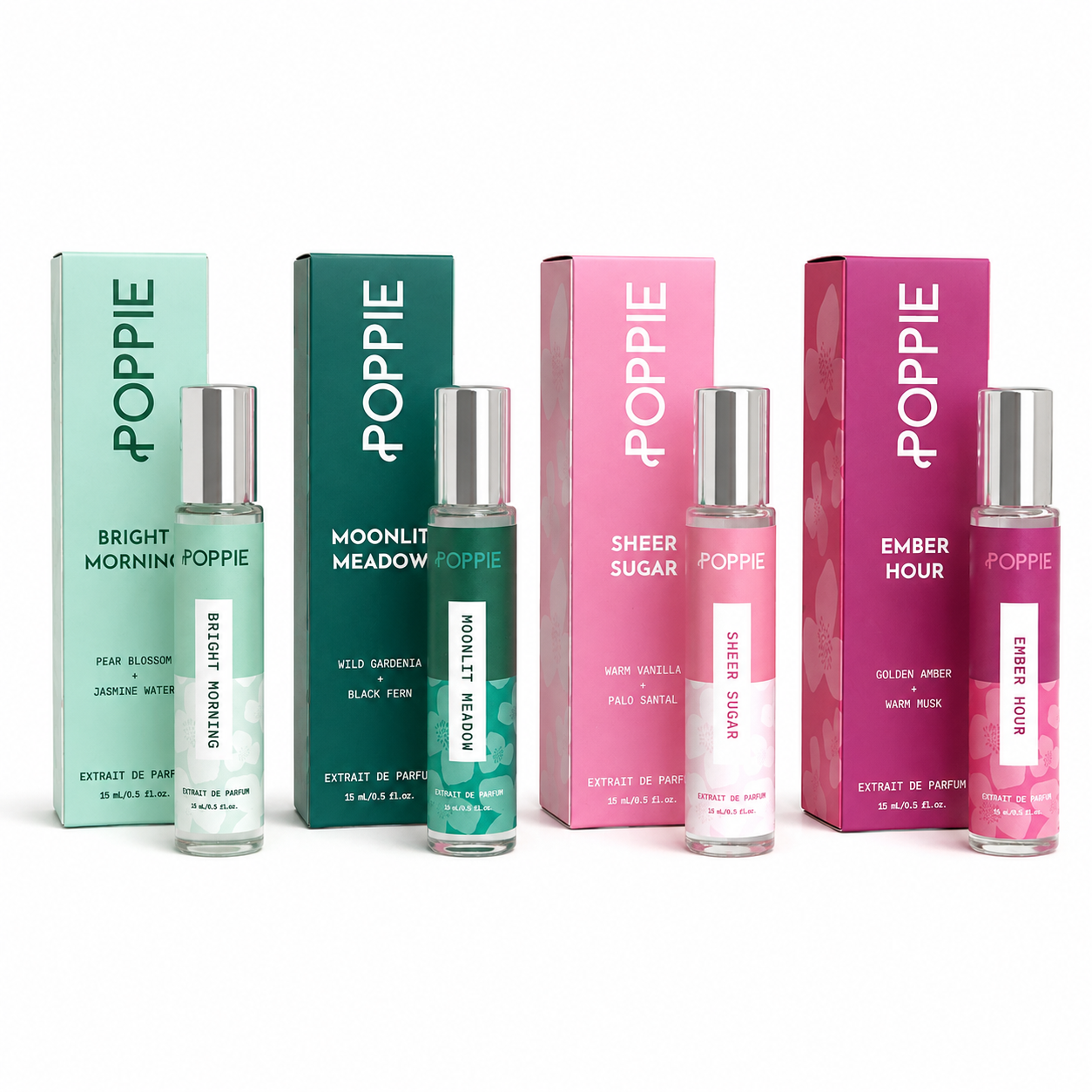 POPPIE perfume collection featuring Bright Morning, Moonlit Meadow, Sheer Sugar, and Ember Hour extrait de parfum.