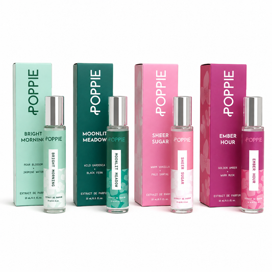 POPPIE perfume collection featuring Bright Morning, Moonlit Meadow, Sheer Sugar, and Ember Hour extrait de parfum.