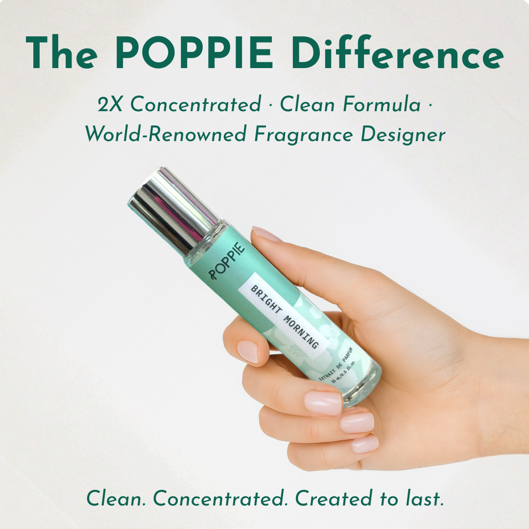 The POPPIE Difference: 2X concentrated, clean formula, and world-renowned fragrance designer. POPPIE Bright Morning extrait de parfum held in hand. Clean, concentrated, created to last.