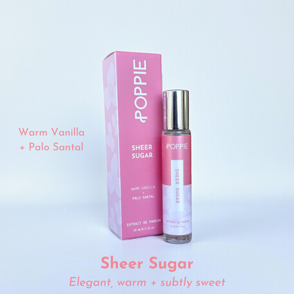 POPPIE Sheer Sugar extrait de parfum with warm vanilla and palo santal. Elegant, warm, and subtly sweet.