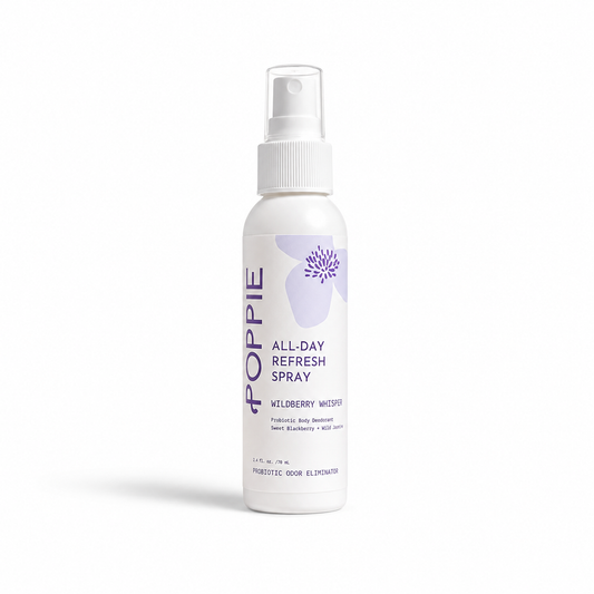 POPPIE Wildberry Whisper All-Day Refresh Spray probiotic body deodorant with sweet blackberry and wild jasmine.